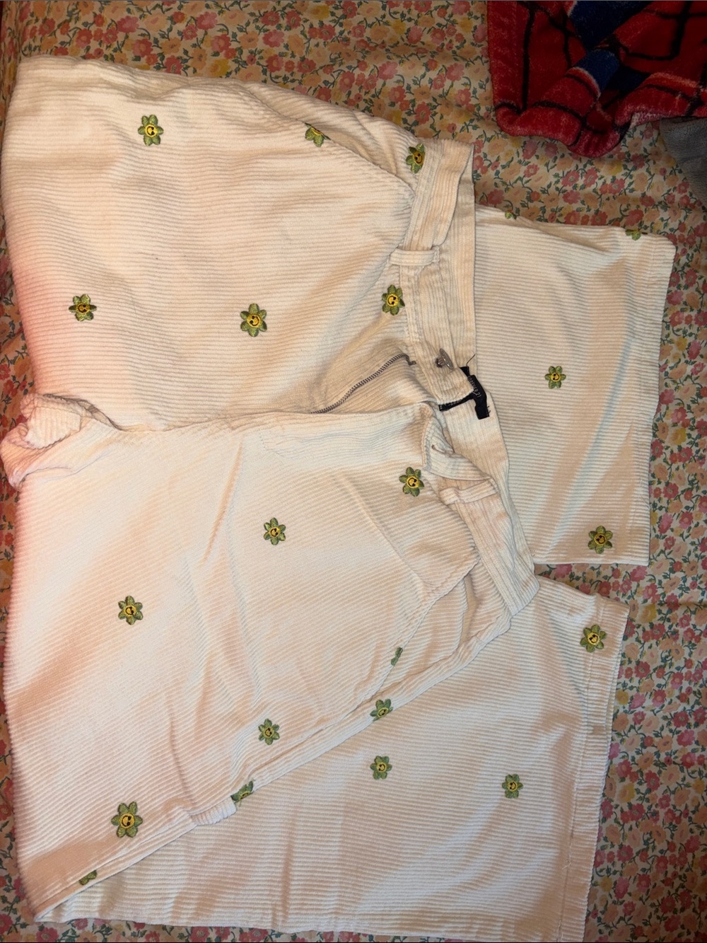 Forever 21 White Corduroy Shorts with Green Floral Embroidery